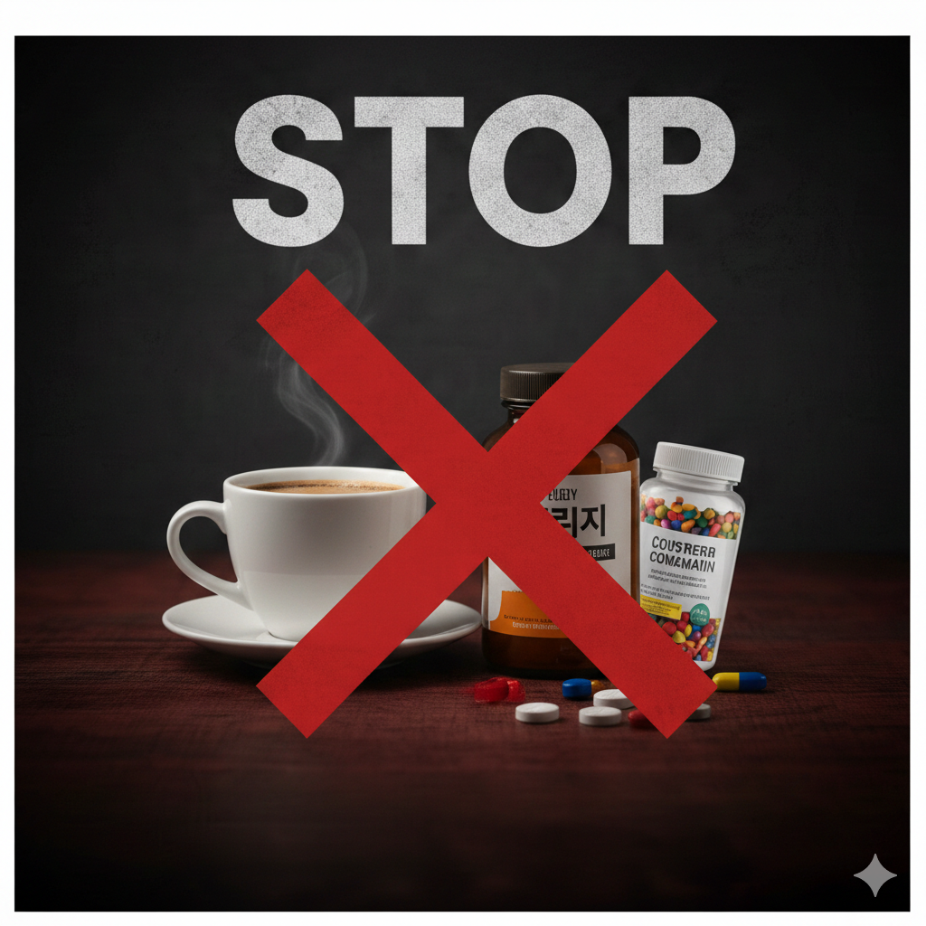 커피와 영양제 병 위에 붉은색 X 표시