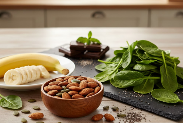 마그네슘 부족 증상 완화에 좋은 아몬드 바나나 시금치 다크초콜릿 식단