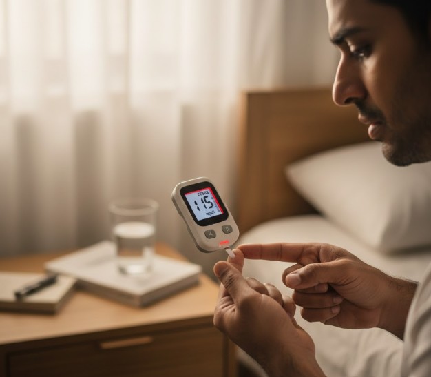 공복 혈당 정상수치 확인을 위해 아침 기상 직후 혈당 측정기를 사용하는 모습