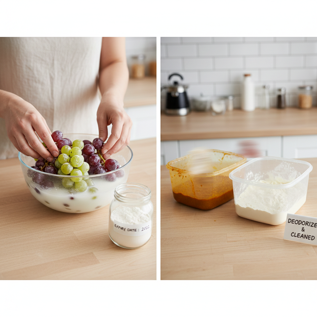 밀가루 세정액을 이용한 과일 세척 및 반찬통 관리 방법