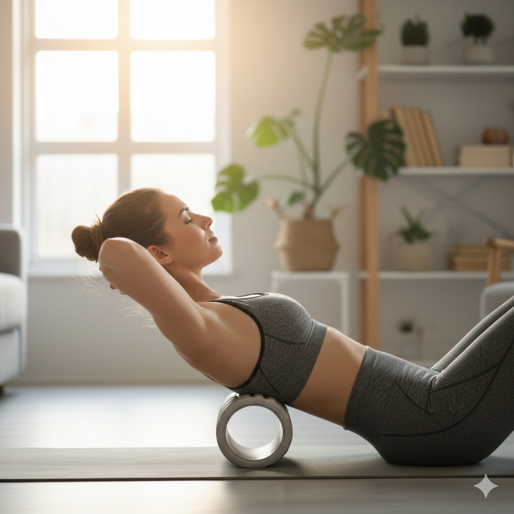 폼롤러를 이용한 라운드 숄더 스트레칭 동작으로 굽은 등을 펴는 모습