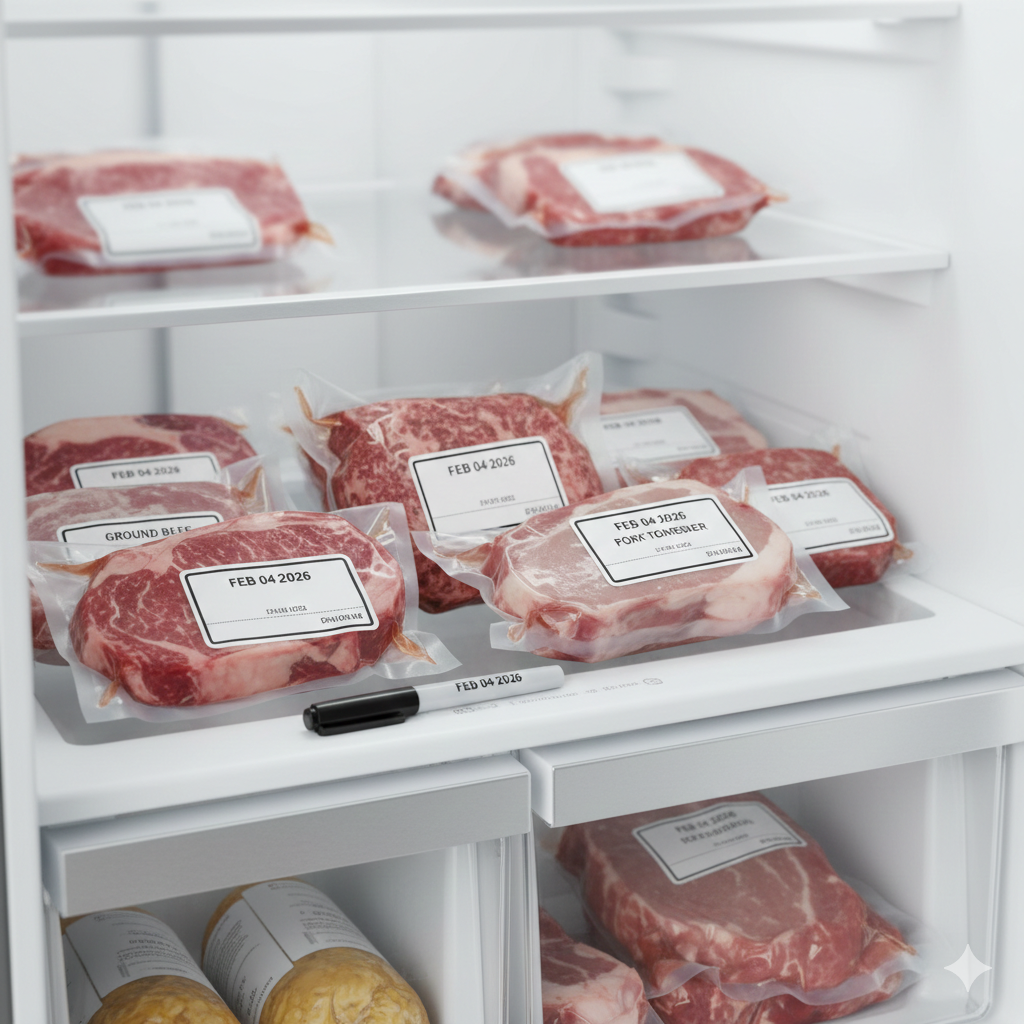 냉동 고기 유통기한 확인을 위해 날짜 라벨을 붙여 소분 보관 중인 육류