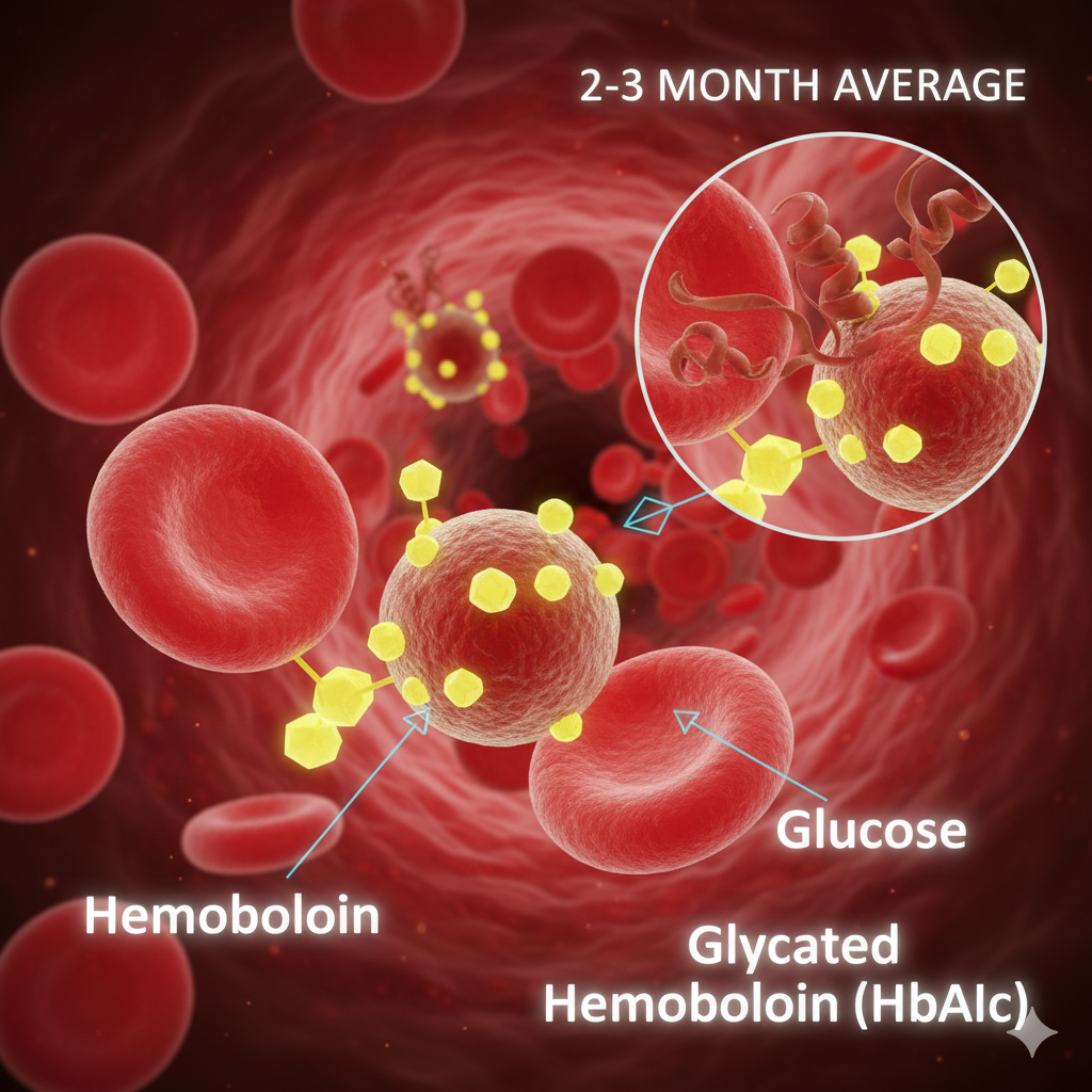 당화혈색소 원리 설명 도해: 적혈구 내 헤모글로빈과 포도당이 결합하여 HbA1c가 형성되는 과정