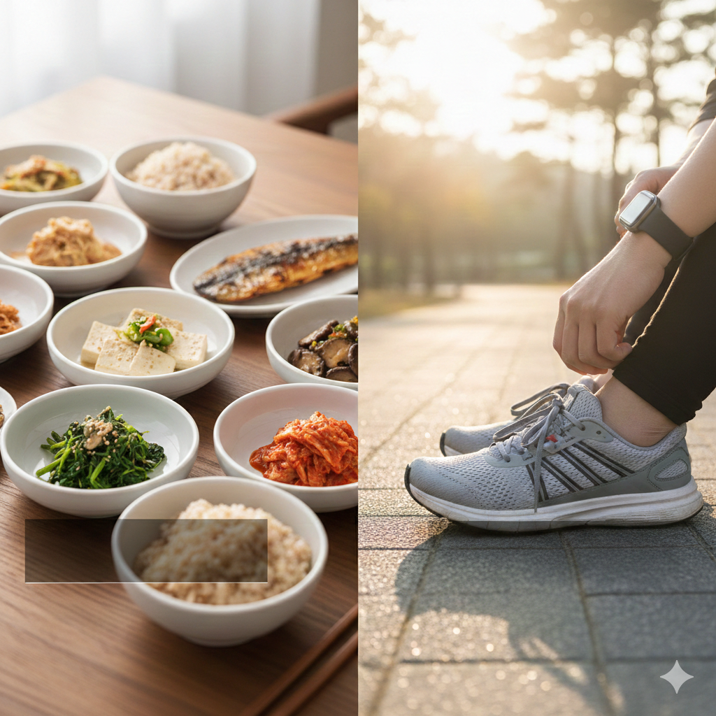 당화혈색소 낮추는 법을 위한 건강한 한식 식단과 식후 운동화 끈을 묶는 모습