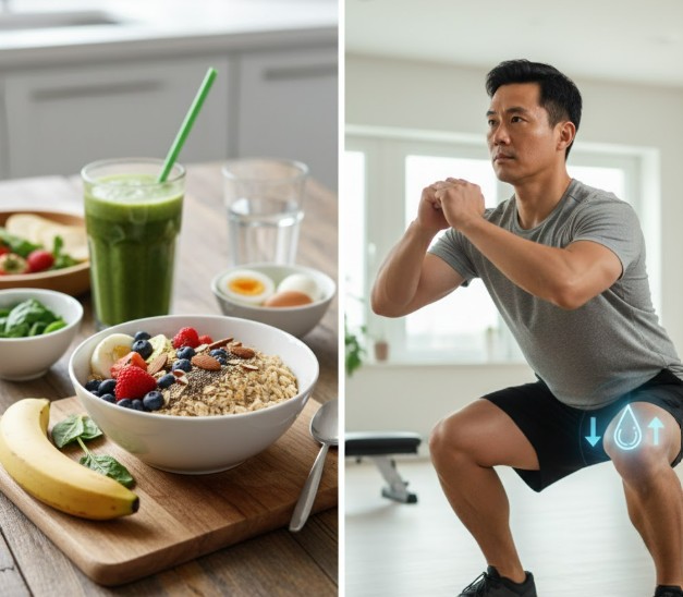 공복 혈당 낮추는 법을 위해 식단 조절과 근력 운동을 병행하는 모습