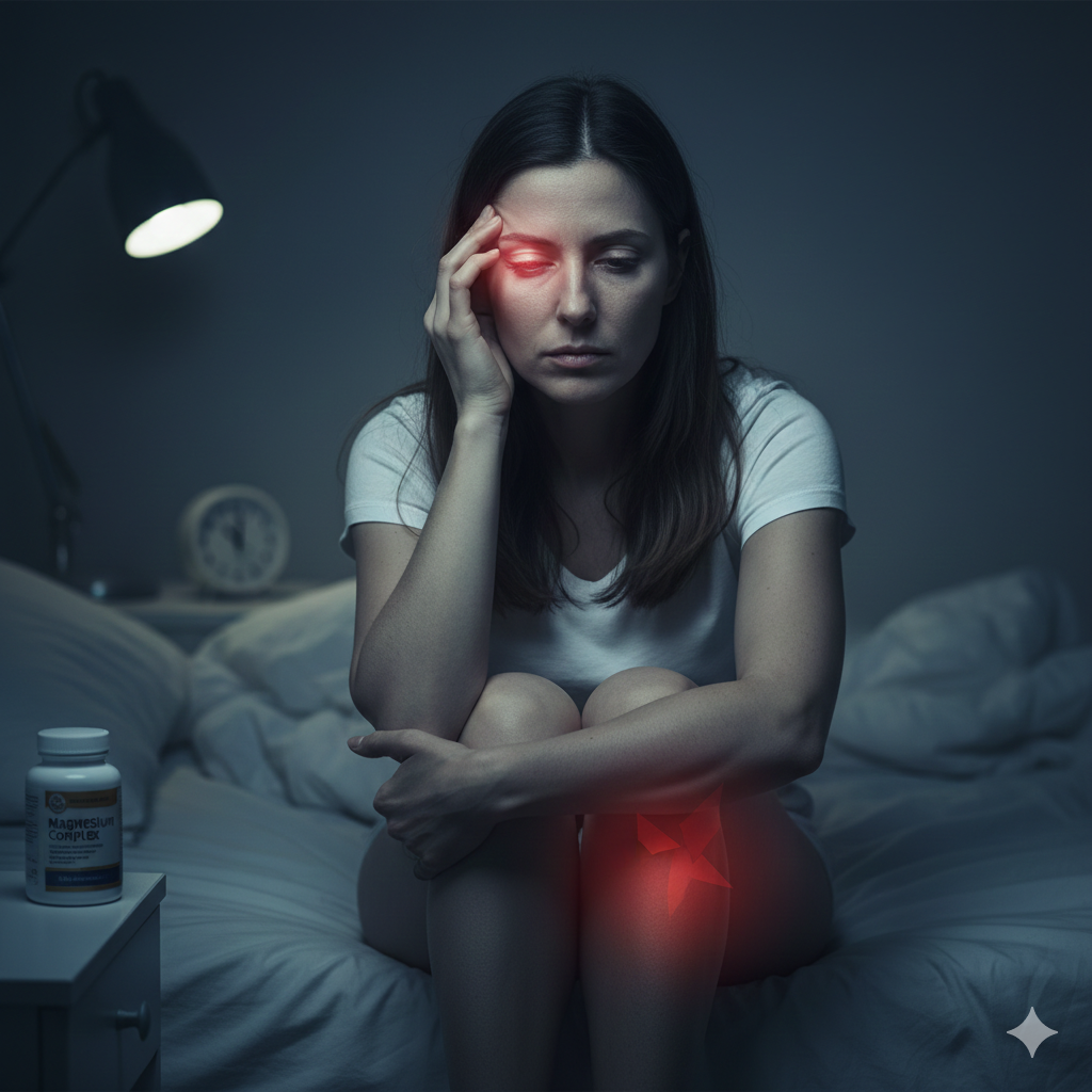 마그네슘 부족 증상으로 인한 눈 떨림과 피로를 느끼는 모습