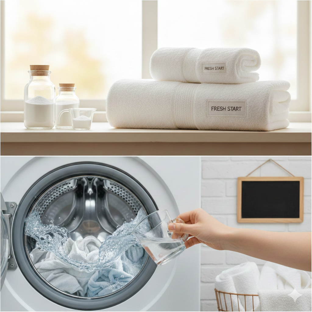 수건 살균을 위해 세탁기에 식초를 넣어 쉰내를 제거하는 모습